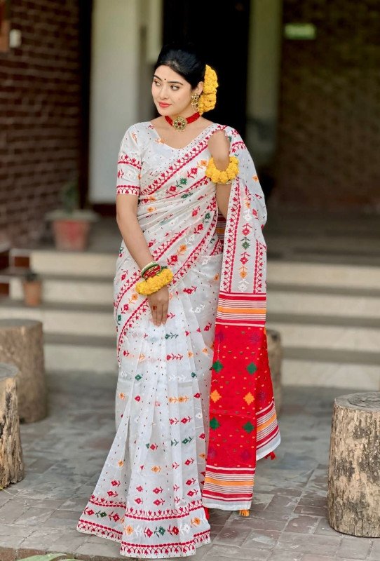 Special Puja Collection Half Silk Block Print Saree with Blouse Piece